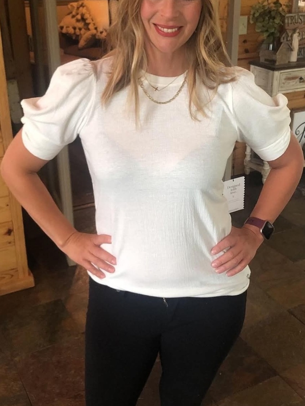 Stella & Dot White Twisted Short Sleeve Puff Sleeve Crewneck Top NIB 2X